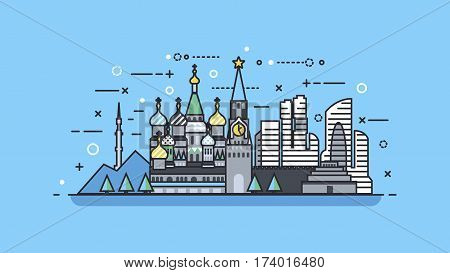 Stock vector illustration background icon linear style architecture buildings and monuments town city country travel printed materials, Russia Moscow, Russian culture, landscape, Kremlin, capital