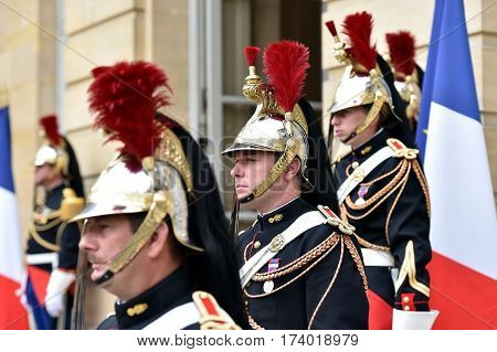 PARIS FRANCE - JUNE 10: Hotel Matignon Republican Guards of honor during a welcome ceremony on JUNE 10 2016 in Paris. Matignon is the official residence of the Prime Minister of France.