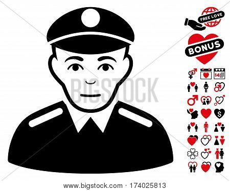Soldier pictograph with bonus lovely pictures. Vector illustration style is flat iconic intensive red and black symbols on white background.