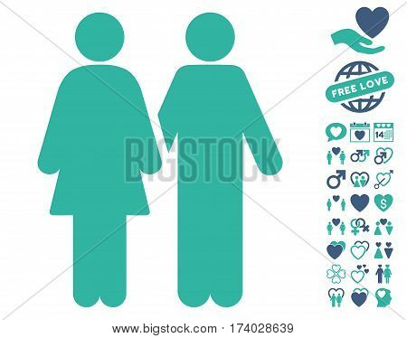 Adult Pair icon with bonus love design elements. Vector illustration style is flat iconic cobalt and cyan symbols on white background.