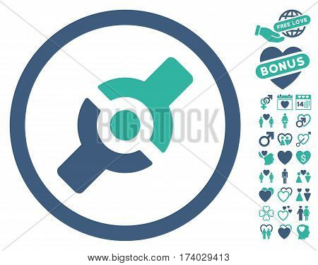 Artificial Joint pictograph with bonus marriage clip art. Vector illustration style is flat iconic cobalt and cyan symbols on white background.
