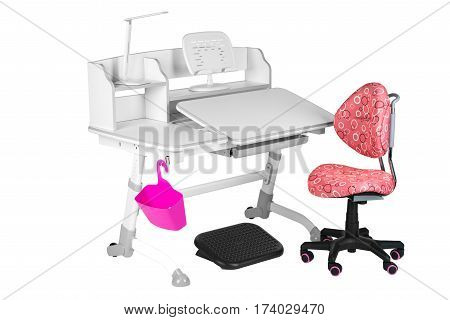 Pink chair gray school table pink basket desk lamp and black support under legs on the white isolated background.