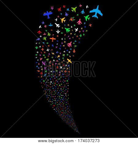 Airplanes random fireworks stream. Vector illustration style is flat bright multicolored iconic symbols on a black background. Object fountain made from scattered symbols.