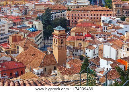 View from the observation deck Mirador de la Lona of the old town and the roof of Granada, Andalusia, Spain