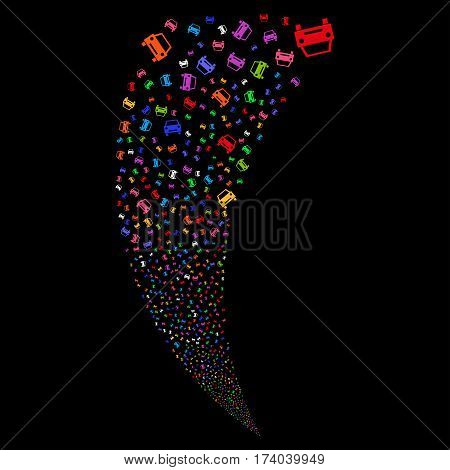 Car random fireworks stream. Vector illustration style is flat bright multicolored iconic symbols on a black background. Object fountain done from scattered pictograms.