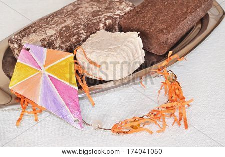 traditional greek halvah - Clean Monday food - decorative kite