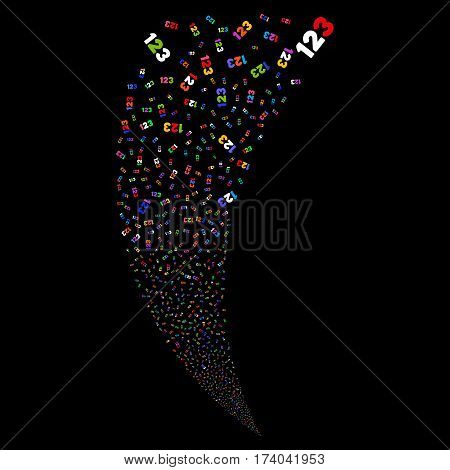 Digits random fireworks stream. Vector illustration style is flat bright multicolored iconic symbols on a black background. Object fountain made from scattered pictographs.