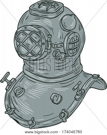 Drawing sketch style illustration of a copper and brass old school deep sea diving helmet or Standard diving helmet (Copper hat) worn mainly by professional divers engaged in surface supplied diving set on isolated white background.