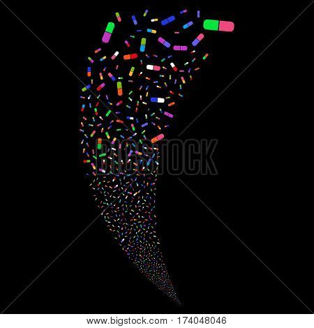 Pill random fireworks stream. Vector illustration style is flat bright multicolored iconic symbols on a black background. Object fountain made from scattered icons.