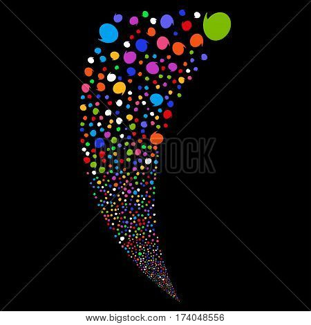 Quote random fireworks stream. Vector illustration style is flat bright multicolored iconic symbols on a black background. Object fountain combined from scattered icons.