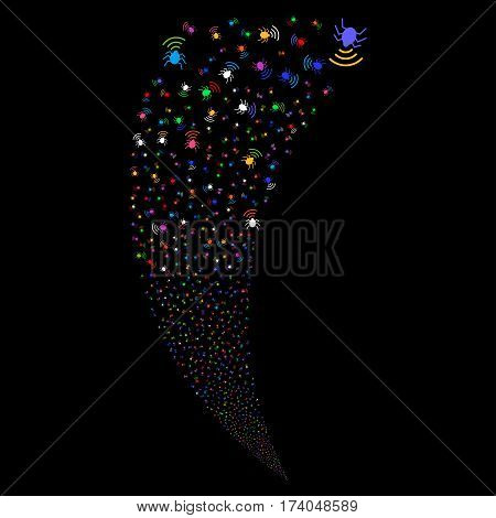 Radio Bug random fireworks stream. Vector illustration style is flat bright multicolored iconic symbols on a black background. Object fountain created from scattered pictographs.