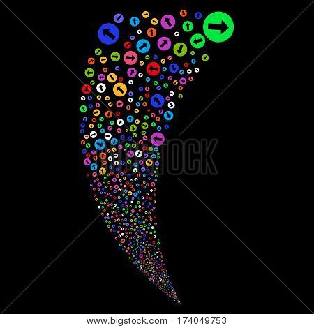 Rounded Arrow random fireworks stream. Vector illustration style is flat bright multicolored iconic symbols on a black background. Object fountain combined from scattered icons.