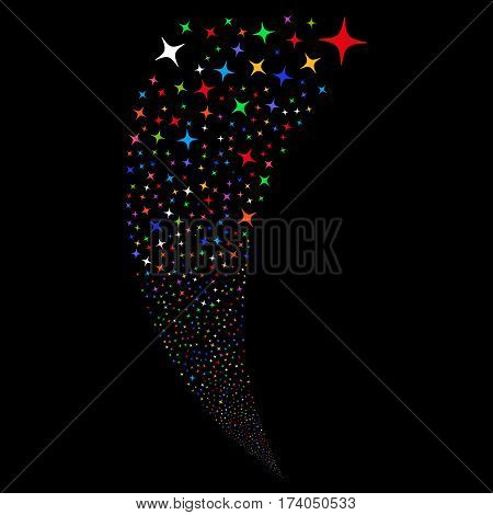 Space Star random fireworks stream. Vector illustration style is flat bright multicolored iconic symbols on a black background. Object fountain combined from scattered icons.