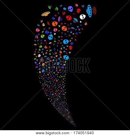 UFO Symbols random fireworks stream. Vector illustration style is flat bright multicolored iconic symbols on a black background. Object fountain created from scattered pictographs.