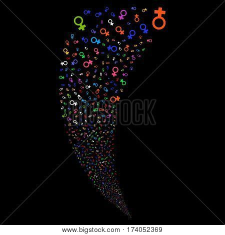 Venus Symbol random fireworks stream. Vector illustration style is flat bright multicolored iconic symbols on a black background. Object fountain made from scattered icons.
