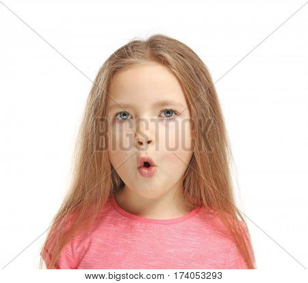 Little girl training pronounce letters    on white background