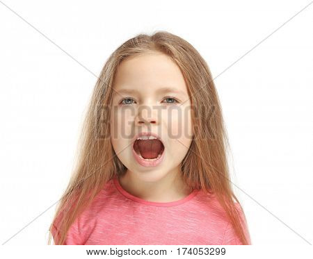 Little girl training pronounce letters    on white background