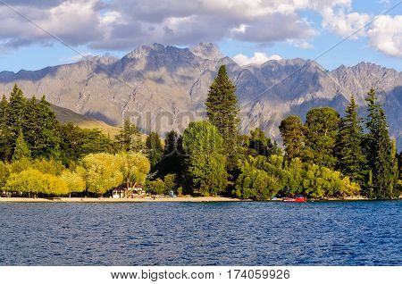Queenstown Gardens and the beautiful mountains near Queenstown on the South Island of New Zealand