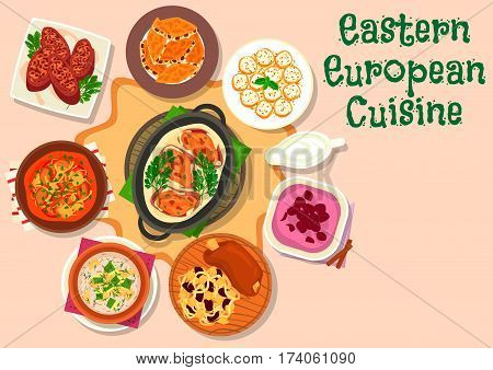 Eastern european cuisine icon of pork shank with cabbage, beef vegetable stew, beef with cream and veggies sauce, cucumber soup, meat roll with mushroom, cherry cream soup, nut cookie, stuffed apricot