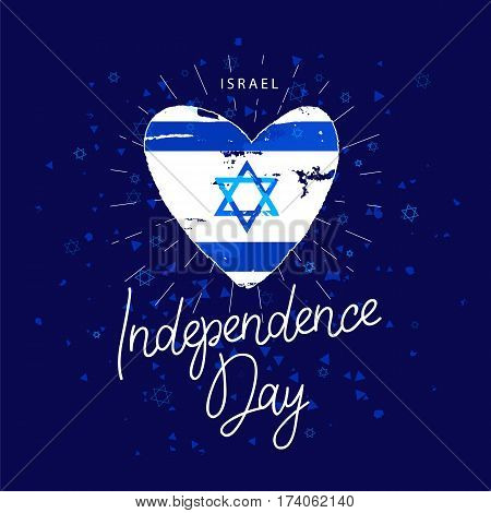 Israel. Independence Day. Flag in the shape of heart. Calligraphy and lettering. Vector illustration on a blue background. Great holiday hand-drawn gift card.