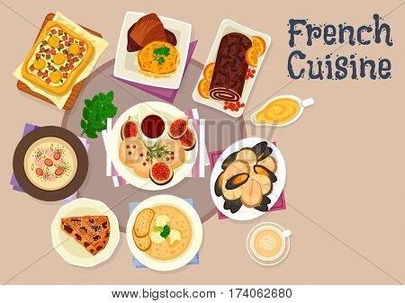 French cuisine festive dinner dishes icon of potato cheese casserole, foie gras with figs, seafood soup, vegetable pie with eggs, chicken cream soup with bacon, chocolate cake roll, prune cake