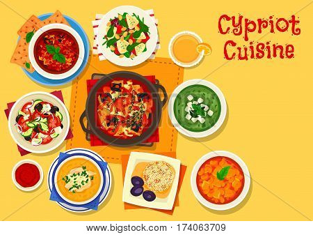 Cypriot cuisine healthy food icon of tomato olive salad with feta, grapefruit cheese salad, eggplant tomato sauce, vegetable stew, cucumber avocado soup, bean stew, bulgur pilaf, chicken rice soup