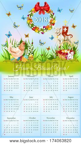 Easter calendar with holiday symbols cartoon banner. Year calendar with Easter egg, rabbit bunny, spring flowers, chicken, chick, lamb of God with cross and egg hunt basket on green grass meadow