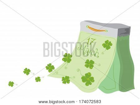 vector tear-off calendar with flying away clover leaves on a white background / very lucky St Patricks Day