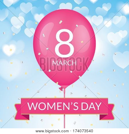 8 march greeting card template, with pink balloon and ribbon on a blue blurry bokeh background. International womens day greeting car design.