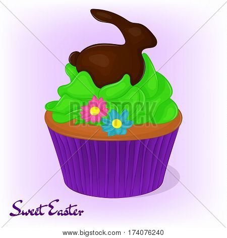Yummy cupcake for Easter with flowers and chocolate rabbit. Holiday background, poster or placard template in simple cartoon style. Vector illustration. Holiday Collection.