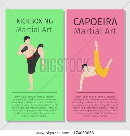 Asian martial arts vector flyers set. Kickboxing and Capoeira