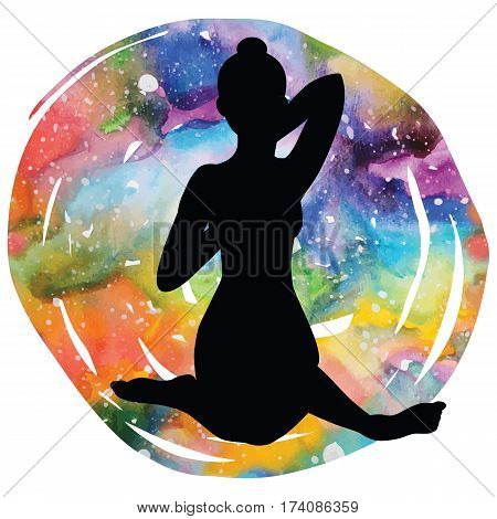 Women silhouette on galaxy astral background. Cow face yoga pose. Gomukhasana. Vector illustration.