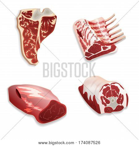 Realistic uncooked organic beef pork lamb meat. For use as logos on cards in printing posters invitations web design and other purposes.