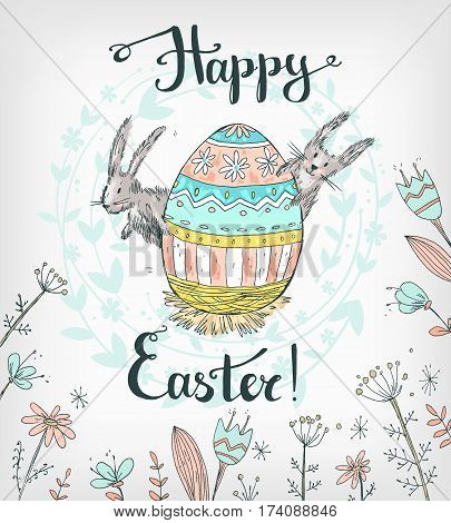 Handdrawn vector happy easter greeting card with big decorated egg and cute bunnies look out for egg in the flowers. Pastel colors. Handwritten text.
