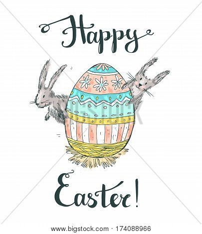 Handdrawn vector happy easter greeting card with big decorated egg and cute bunnies look out for egg. White background, pastel colors. Handwritten text.