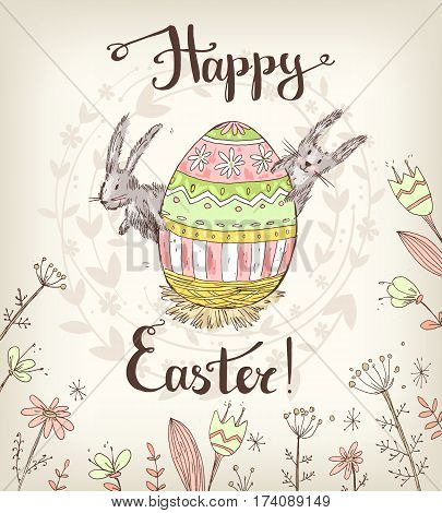 Handdrawn vector happy easter greeting card with big decorated egg and cute bunnies look out for egg in the flowers. Pastel colors. Handwritten text.