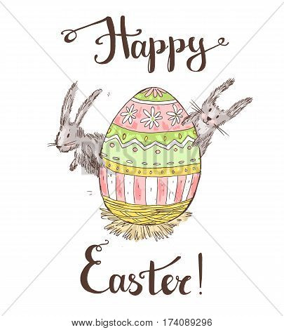Handdrawn vector happy easter greeting card with big decorated egg and cute bunnies look out for egg. White background, pastel colors. Handwritten text.