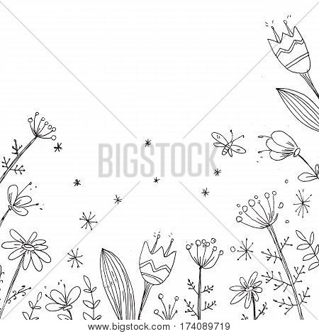 Handdrawn vector floral background. Simple doodle flowers. Black and white. Cute doodle