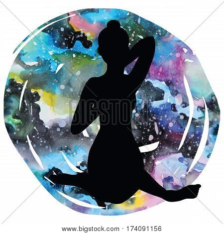 Women silhouette on galaxy astral background. Cow face yoga pose. Gomukhasana. Vector illustration.