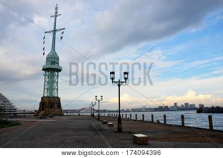 Lighthouse Tower At Kobe Harborland In Dusk Time