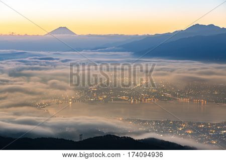 aerial Mount Fuji with Suwako Lake sunrise Takabochi