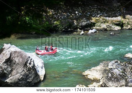 Japanese People And Traveler Foreigner Tour Rafting By Inflatable Rubber Boat At Hozugawa River Betw