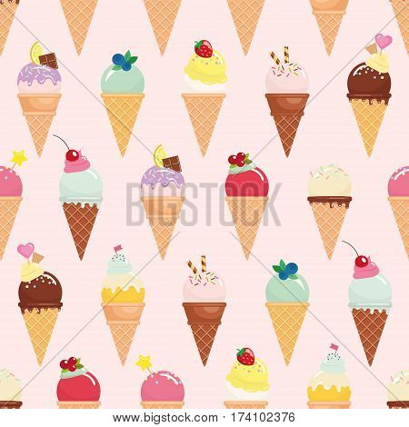 Ice cream cone seamless pattern background. Realistic. Bright and pastel colors. For print and web. Vector EPS10.