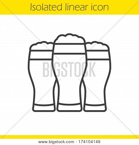 Three beer glasses linear icon. Thin line illustration. Foamy beer glasses. Cheers contour symbol. Vector isolated outline drawing