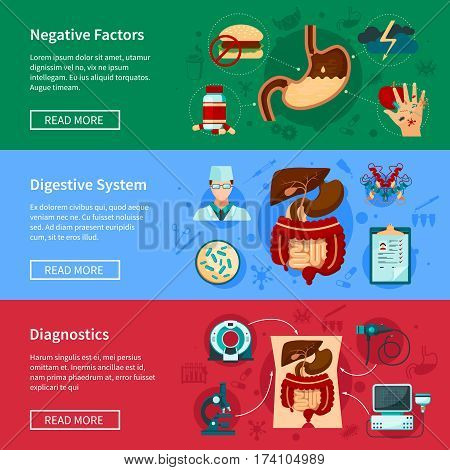 Three horizontal digestive system flat banner set with negative factors diagnostics and digestive systems descriptions vector illustration