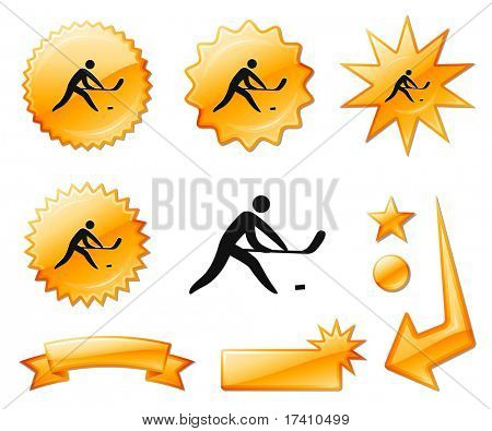 Hockey ikon på Orange Burst bannere og medaljer oprindelige vektor Illustration