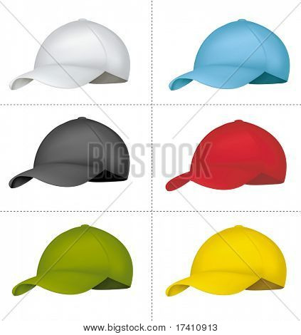 Fotorealistinen vektori esimerkki. Kokoelma kuusi caps - valkoinen, sininen, musta, punainen, vihreä, te
