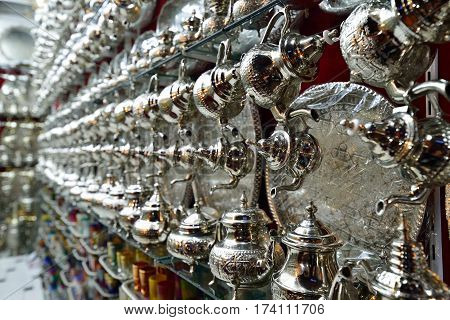 Decorative elements on the souk (market) in the old town Medina in Morocco. Jug for brewing the tea.