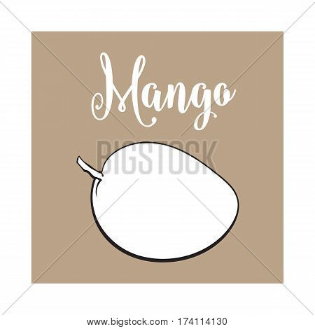 Whole unpeeled, uncut sweet mango tropical fruit in horizontal position, sketch style vector illustration isolated on brown background. Realistic hand drawing of whole mango fruit