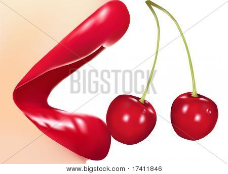 Fotorealistické vektorové ilustrace. Glamour červené lesklé rty s višněmi